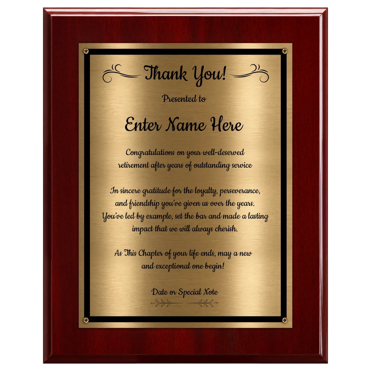 Thank You Classic Retirement Plaque - 4 Frame Colors - Brushed Silver & Gold Plate Options