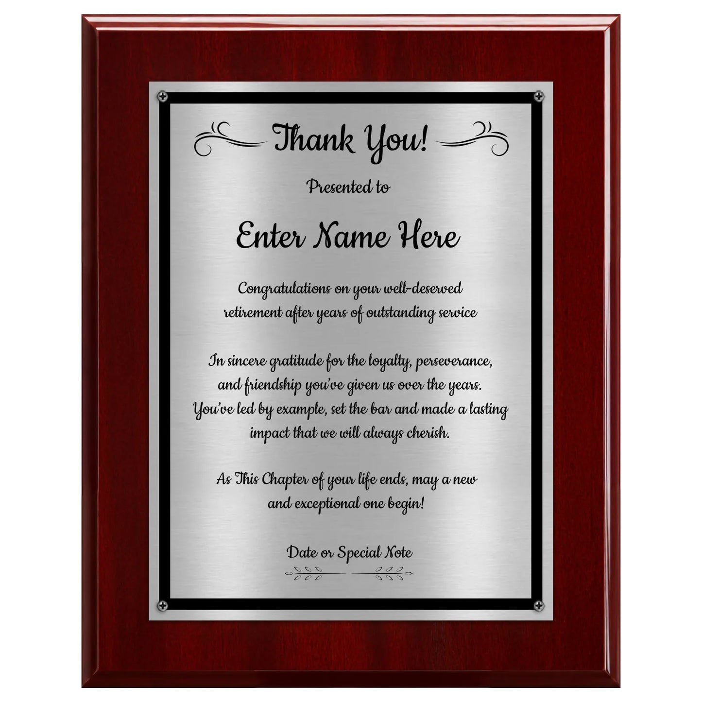 Thank You Classic Retirement Plaque - 4 Frame Colors - Brushed Silver & Gold Plate Options