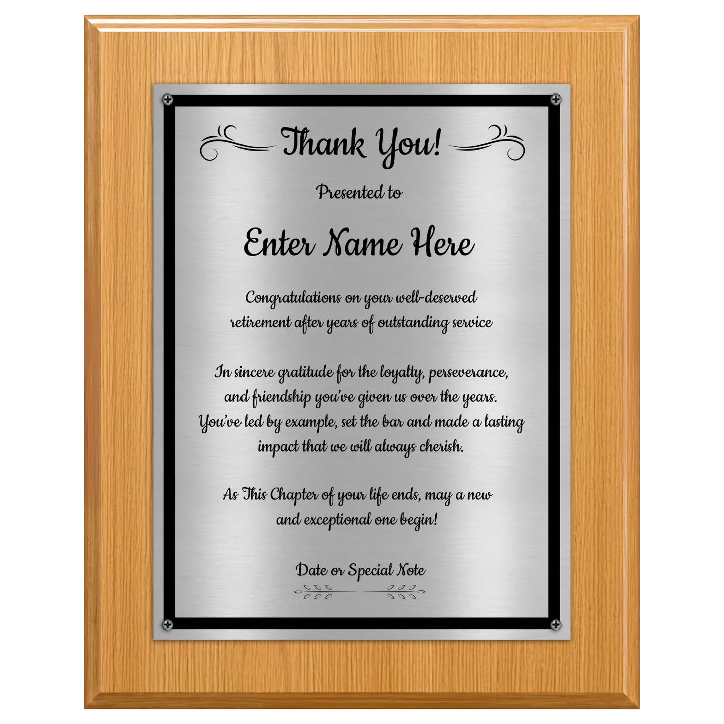Thank You Classic Retirement Plaque - 4 Frame Colors - Brushed Silver & Gold Plate Options