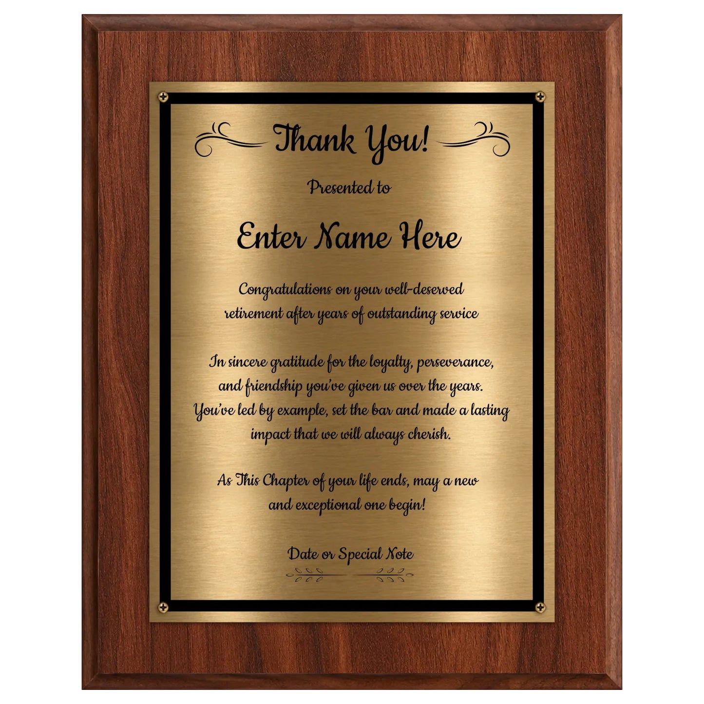 Thank You Classic Retirement Plaque - 4 Frame Colors - Brushed Silver & Gold Plate Options