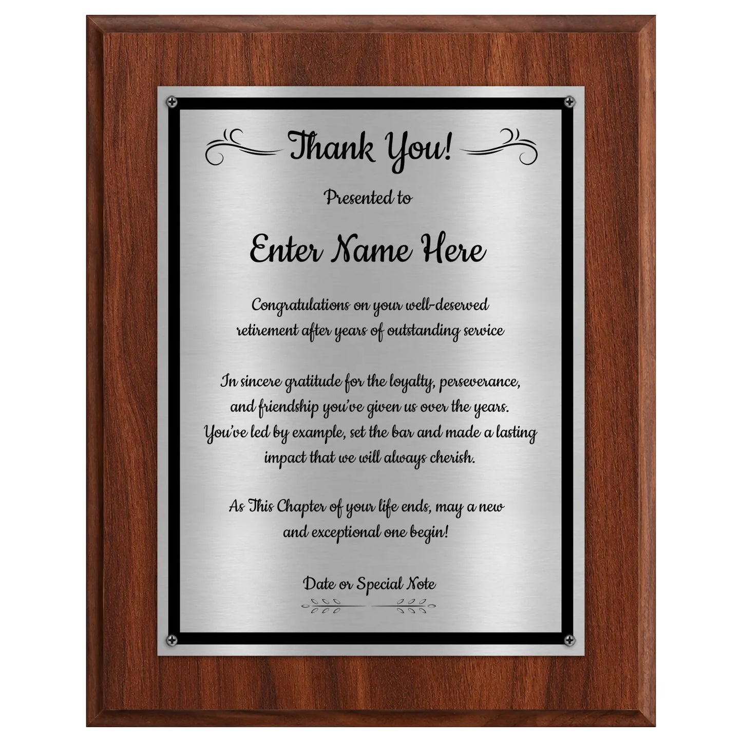 Thank You Classic Retirement Plaque - 4 Frame Colors - Brushed Silver & Gold Plate Options