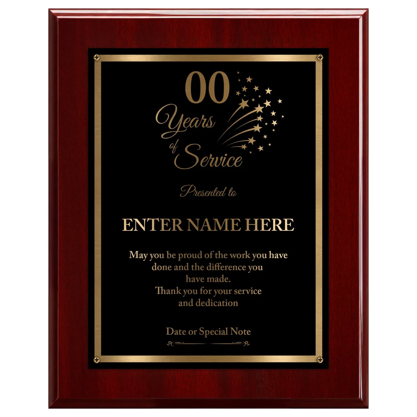 Years of Service Retirement Plaque - 4 Frame Colors - Silver & Gold Plate Options
