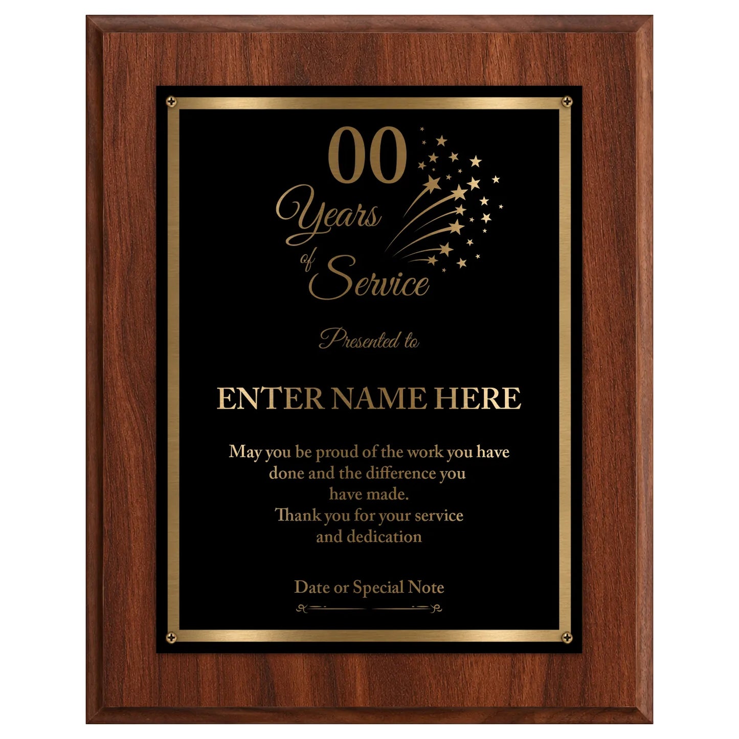 Years of Service Retirement Plaque - 4 Frame Colors - Silver & Gold Plate Options