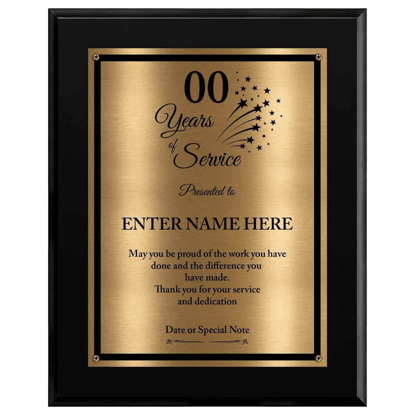 Years of Service Retirement Plaque - 4 Frame Colors - Brushed Silver & Gold Metallic Plate Option