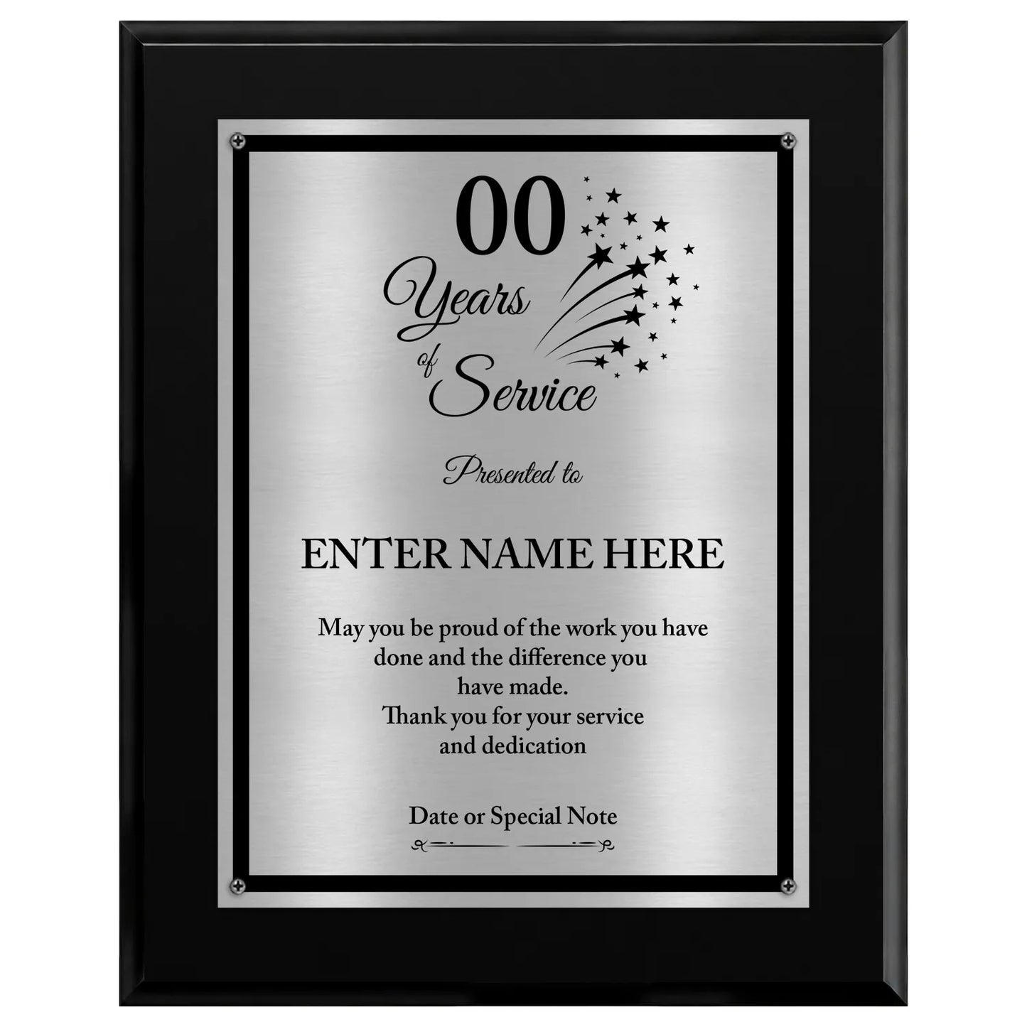 Years of Service Retirement Plaque - 4 Frame Colors - Brushed Silver & Gold Metallic Plate Option