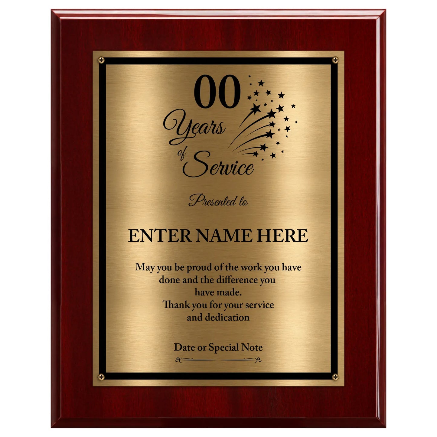 Years of Service Retirement Plaque - 4 Frame Colors - Brushed Silver & Gold Metallic Plate Option
