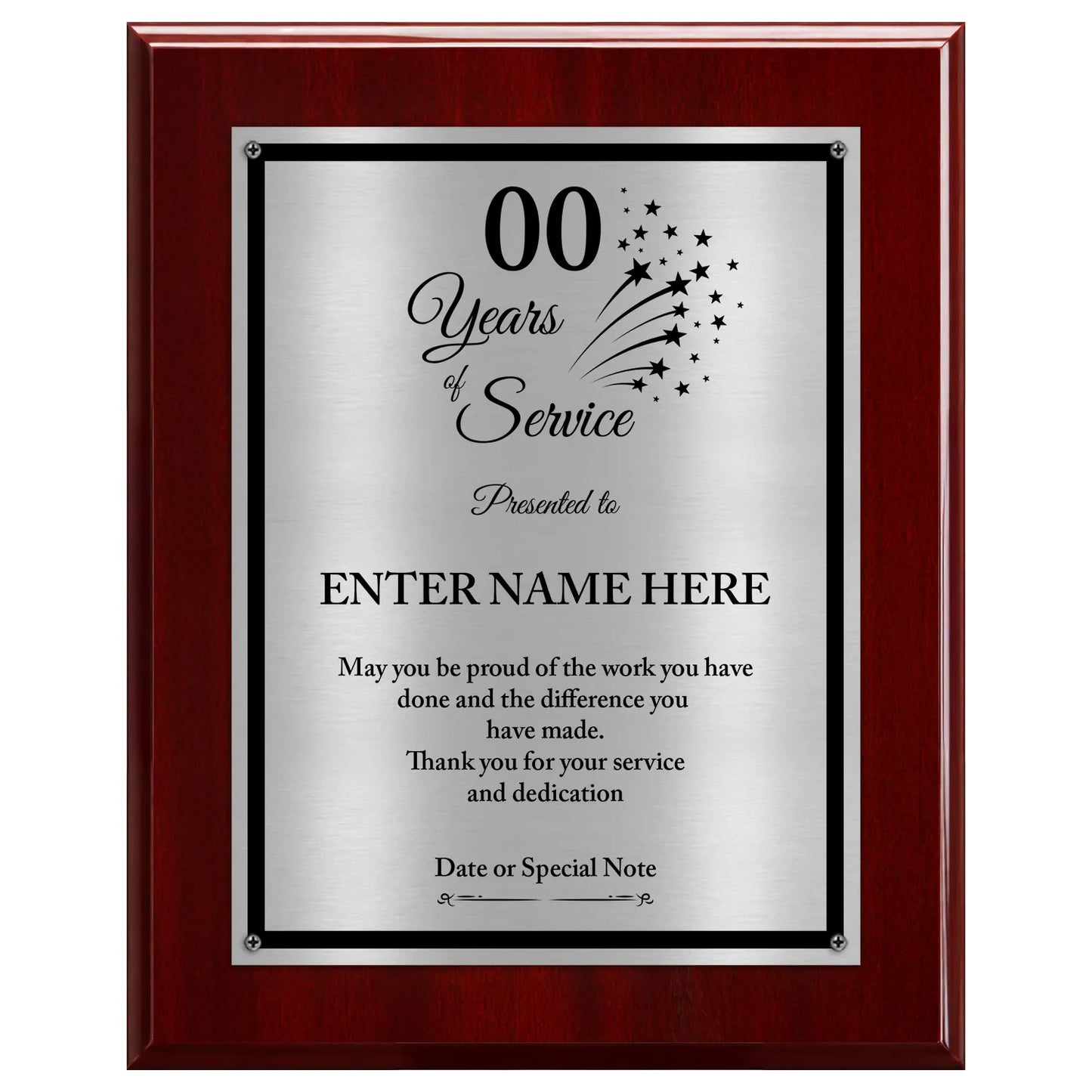 Years of Service Retirement Plaque - 4 Frame Colors - Brushed Silver & Gold Metallic Plate Option