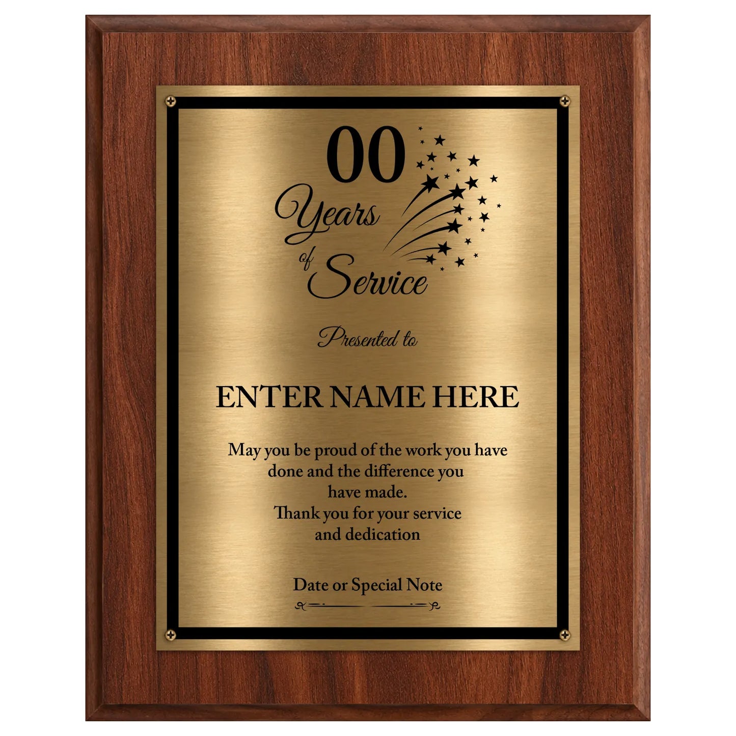 Years of Service Retirement Plaque - 4 Frame Colors - Brushed Silver & Gold Metallic Plate Option