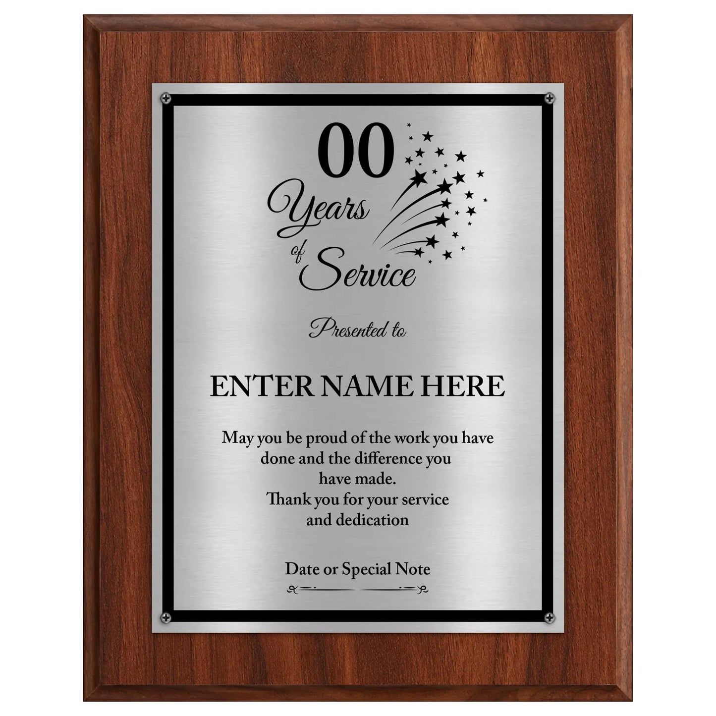 Years of Service Retirement Plaque - 4 Frame Colors - Brushed Silver & Gold Metallic Plate Option