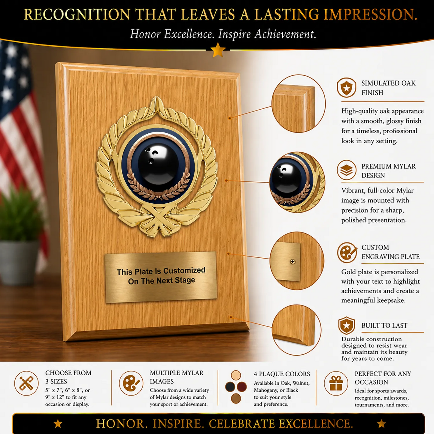 Personalized Bowling Award Plaque with Choice of Emblems & Engraved Plate – 4 Frame Colors