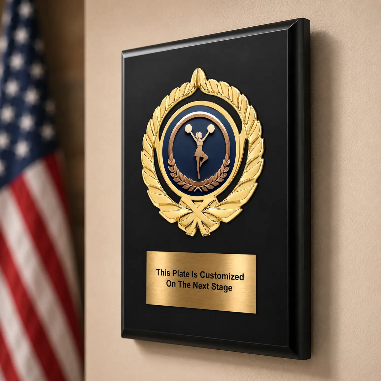 Personalized Cheerleading Award Plaque with Choice of Emblems & Engraved Plate – 4 Frame Colors