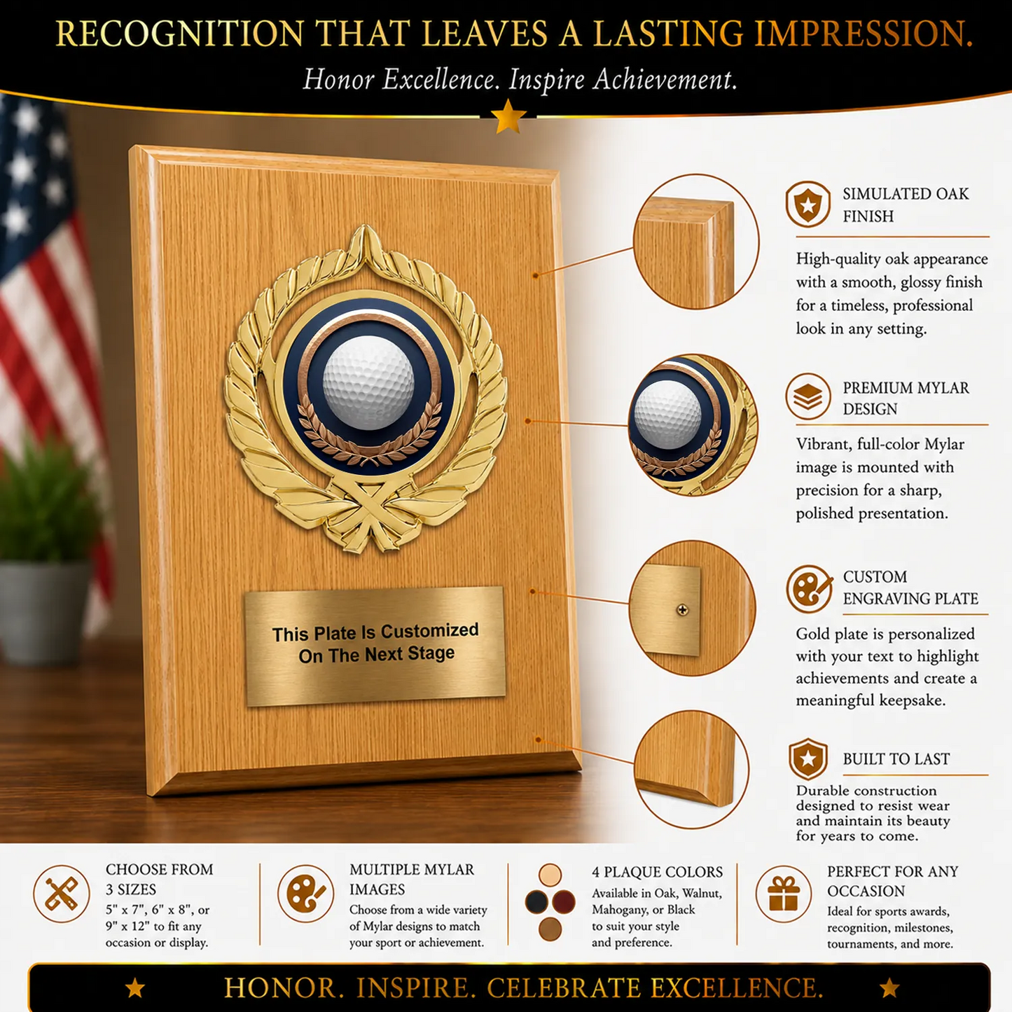 Personalized Golf Award Plaque with Choice of Emblems & Engraved Plate – 4 Frame Colors