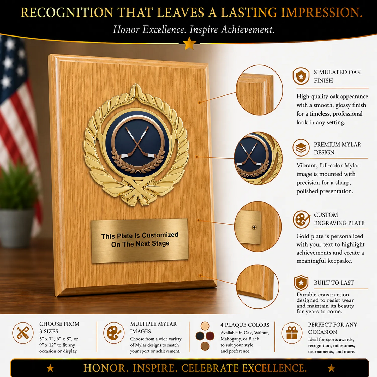 Personalized Ice Hockey Award Plaque with Choice of Emblems & Engraved Plate – 4 Frame Colors