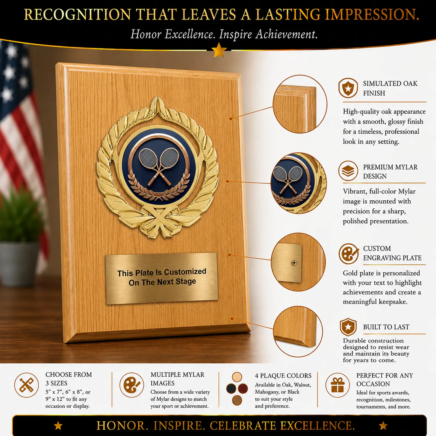 Personalized Tennis Award Plaque with Choice of Emblems & Engraved Plate – 4 Frame Colors