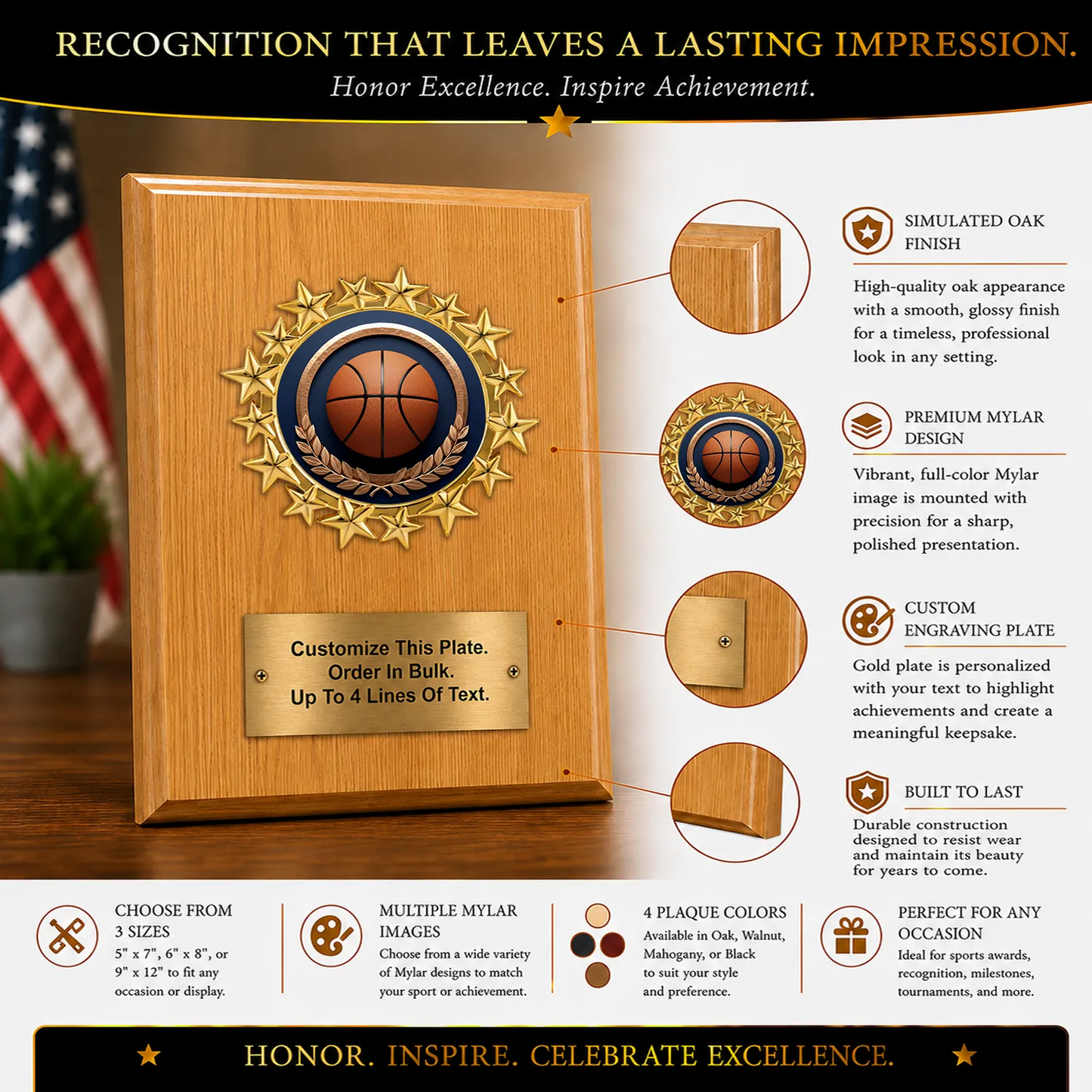 Personalized Basketball Award Plaque with Star Mylar Holder & Engraved Plate – 4 Board Colors
