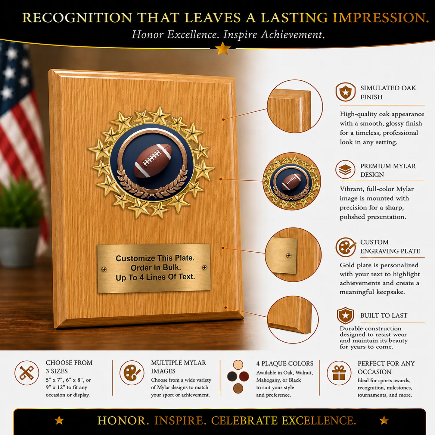 Personalized Football Award Plaque with Star Mylar Holder & Engraved Plate – 4 Board Colors