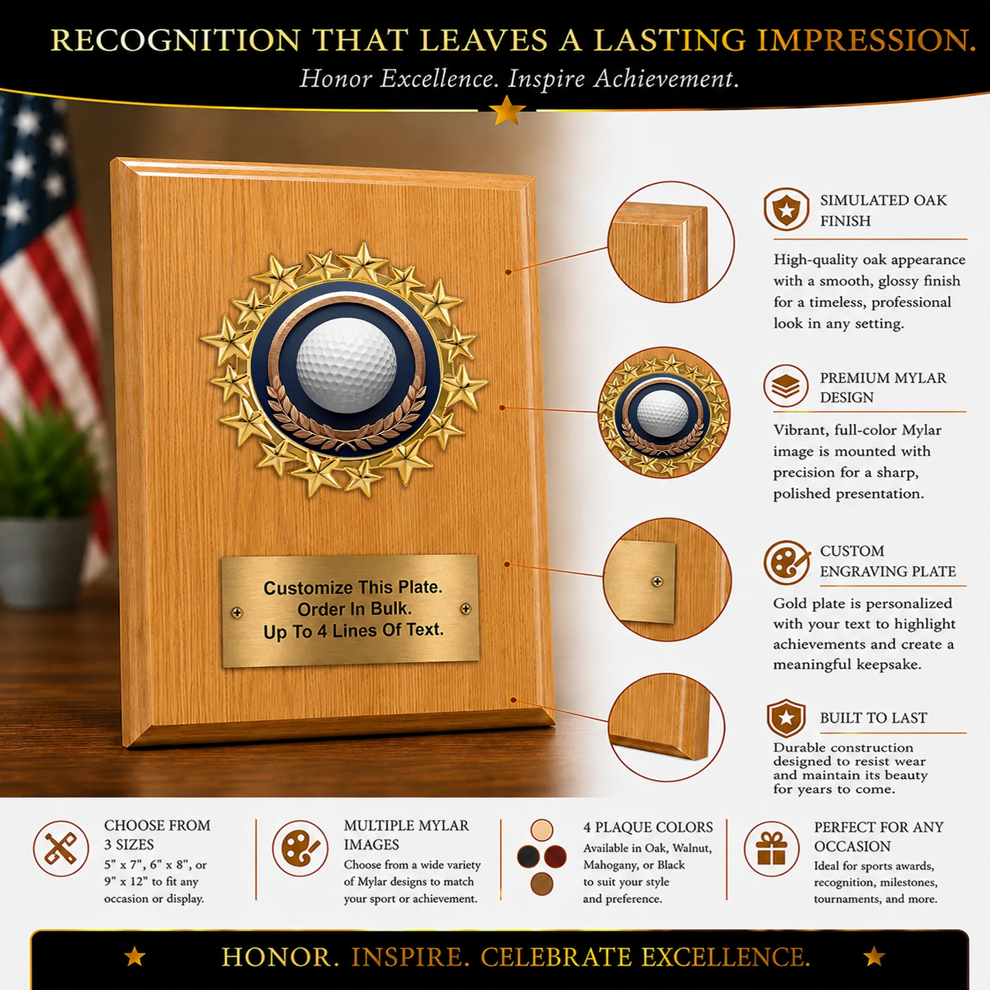 Personalized Golf Award Plaque with Star Mylar Holder & Engraved Plate – 4 Board Colors