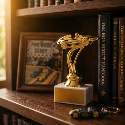 Pinewood Derby Trophy – Custom Award with Personalized Gold Plate, 3 Design Options