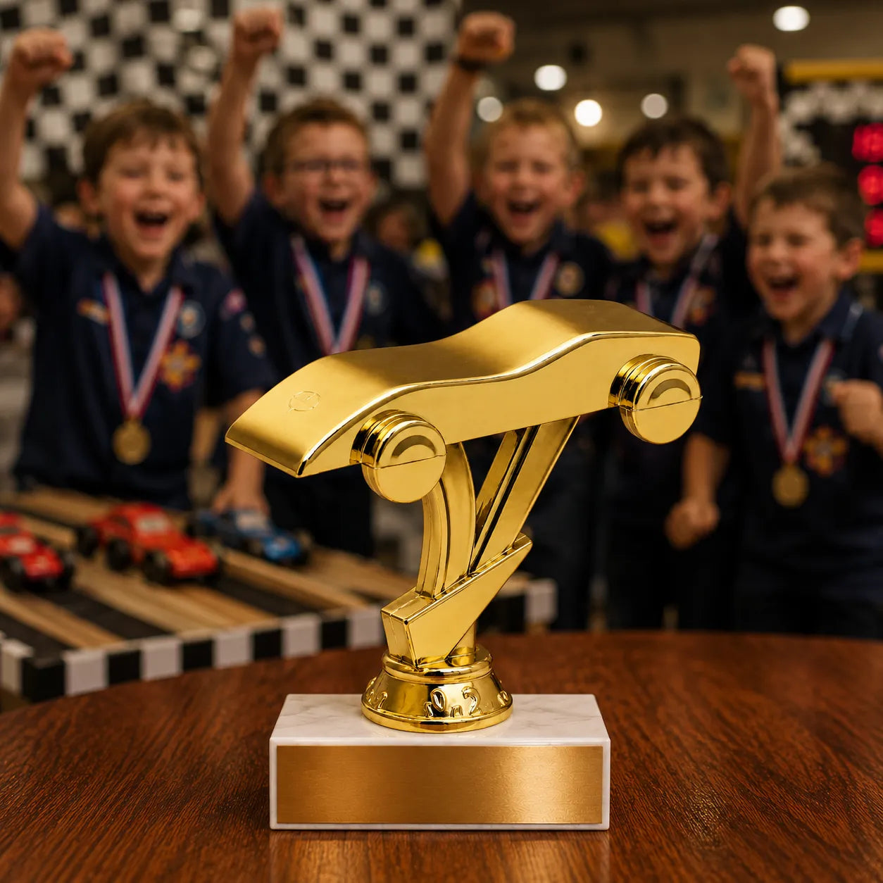 Pinewood Derby Trophy – Custom Award with Personalized Gold Plate, 3 Design Options