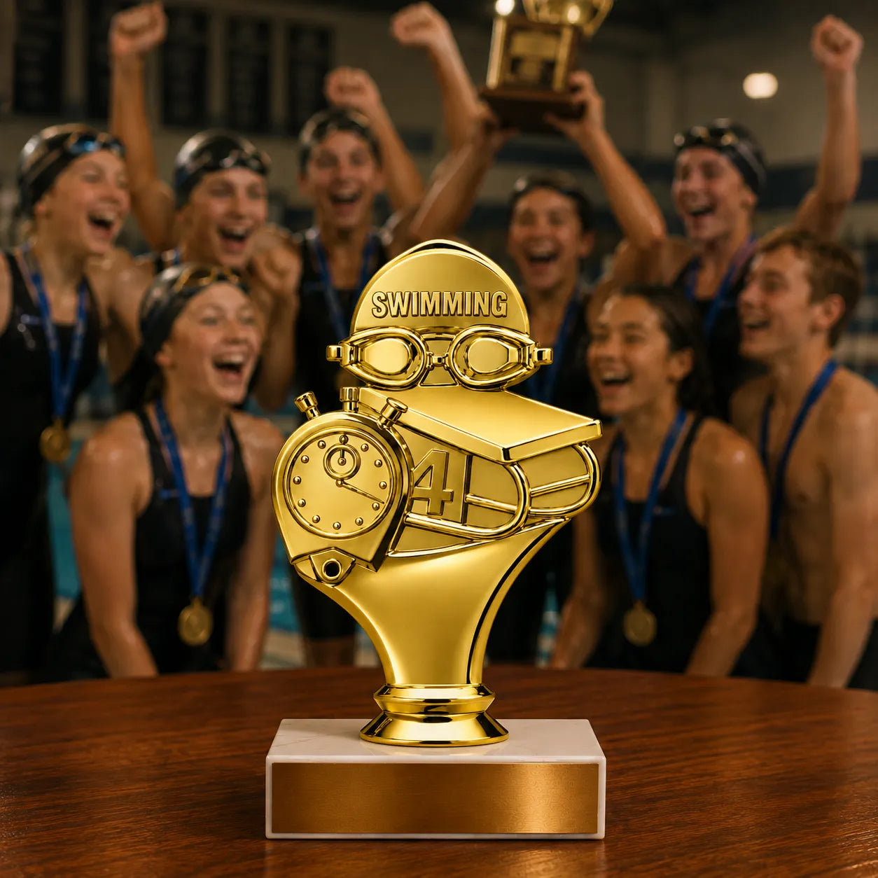 Swimming Trophy – Custom Award with Personalized Gold Plate, 3 Design Options