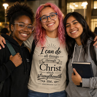 "I Can Do All Things Through Christ" Philippians 4:13 Christian T-Shirt | Gildan 6400 Soft Style Tee | Faith-Based Bible Verse Shirt for Men & Women