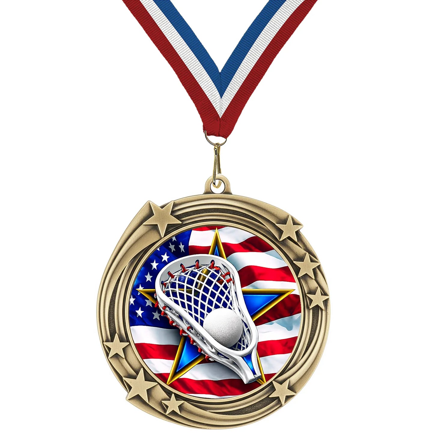 2.75" Swirling Star Lacrosse Medal – Gold, Silver & Bronze with 30 Ribbon Options