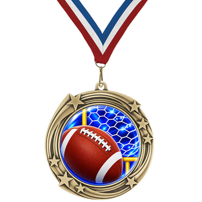 2.75" Swirling Star Football Medal – Gold, Silver & Bronze with 30 Ribbon Options
