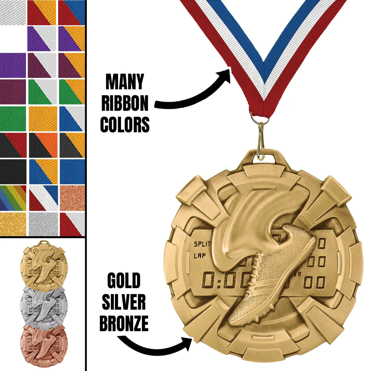Track Medals - Team & Meet Awards, 2 3/4" Carbonite Medal in Gold, Silver & Bronze