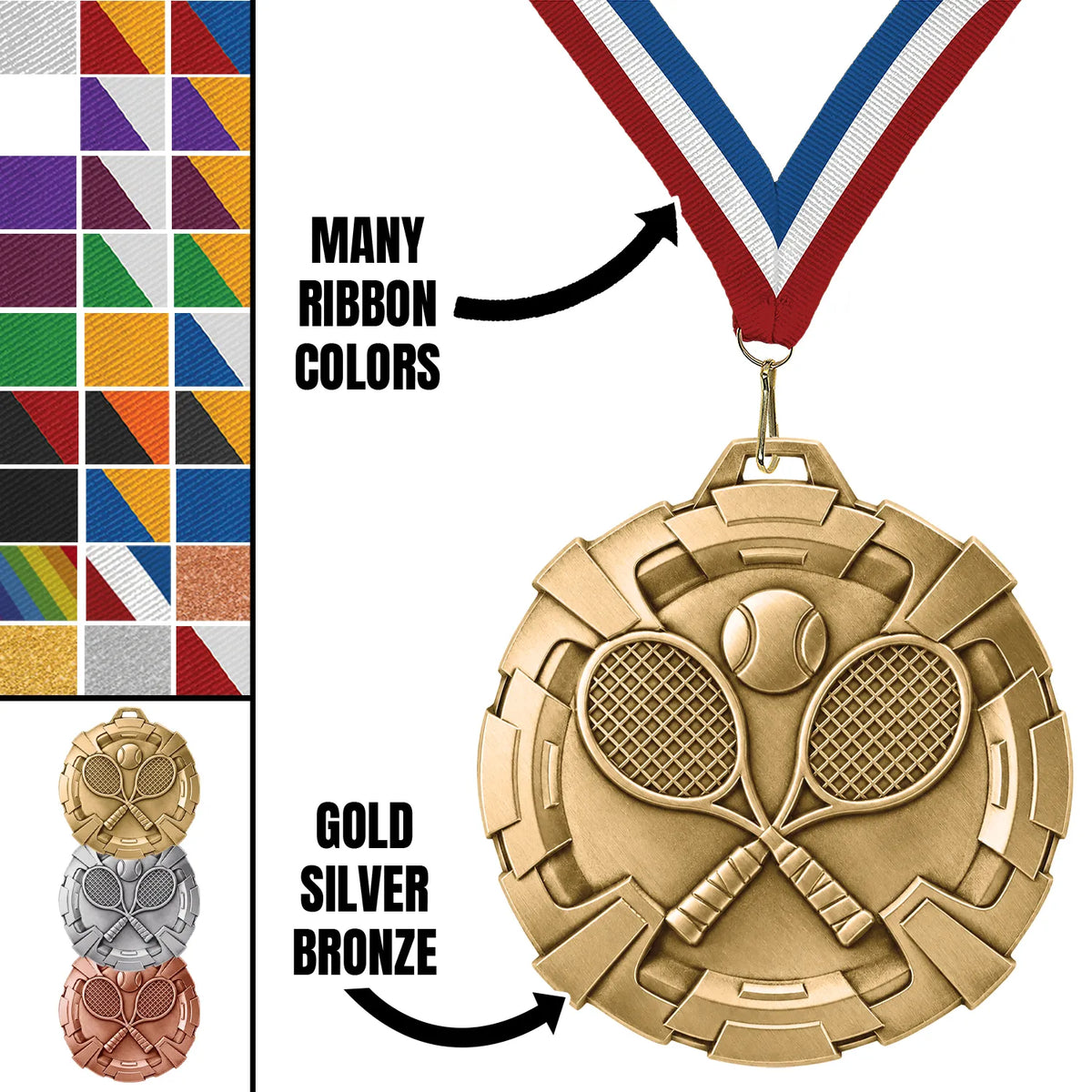 Tennis Medals - Club & Tournament Awards, 2 3/4" Carbonite Medal in Gold, Silver & Bronze