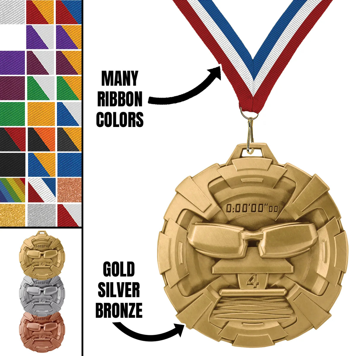 Swimming Medals - Team & Meet Awards, 2 3/4" Carbonite Medal in Gold, Silver & Bronze