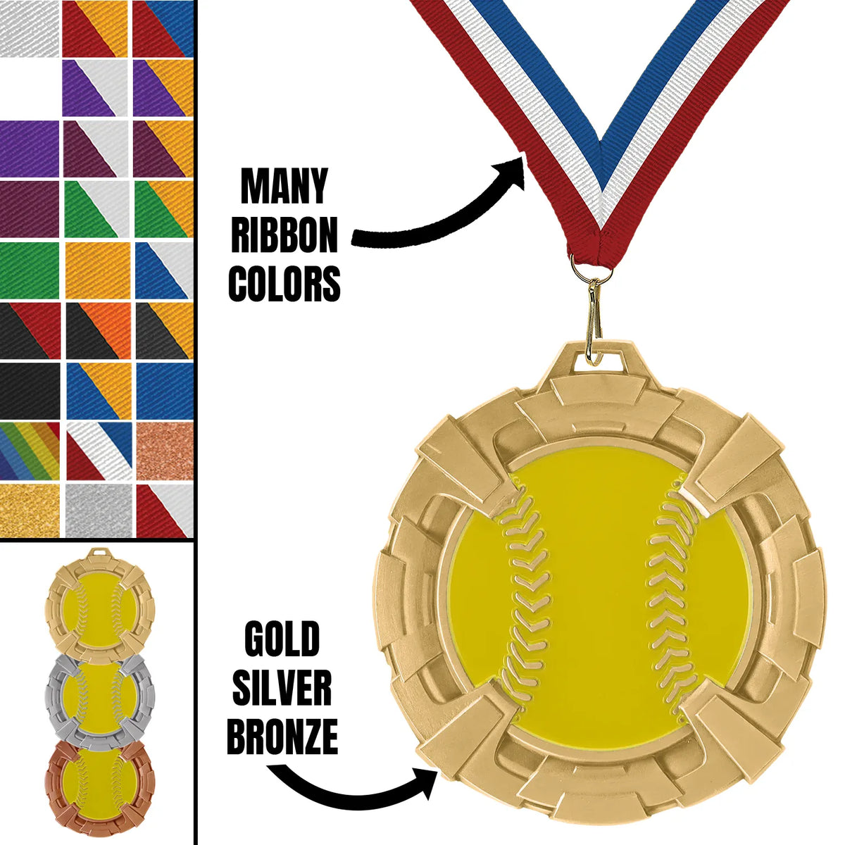 Softball Medals - Youth & Travel Team Awards, 2 3/4" Carbonite Medal in Gold, Silver & Bronze
