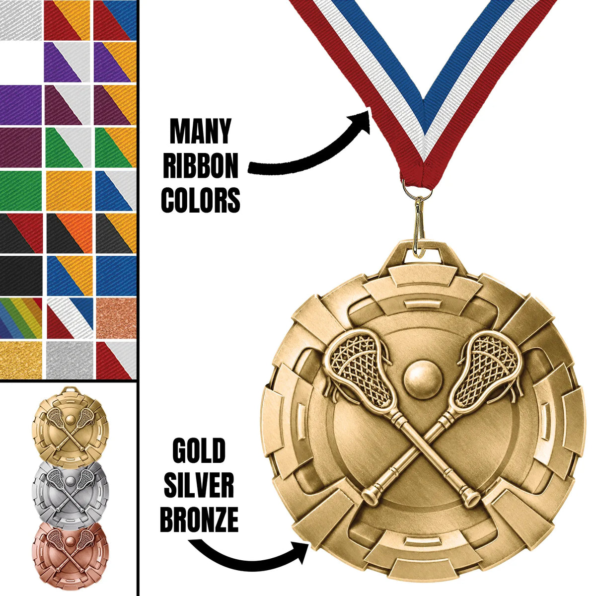 Lacrosse Medals - Youth & Club Team Awards, 2 3/4" Carbonite Medal in Gold, Silver & Bronze