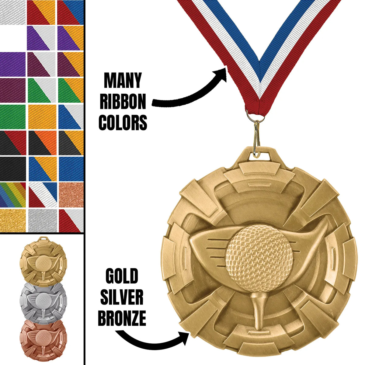 Golf Medals - League & Tournament Awards, 2 3/4" Carbonite Medal in Gold, Silver & Bronze