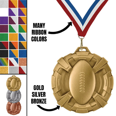 Football Medals - Youth Team Awards, 2 3/4" Carbonite Medal in Gold, Silver & Bronze