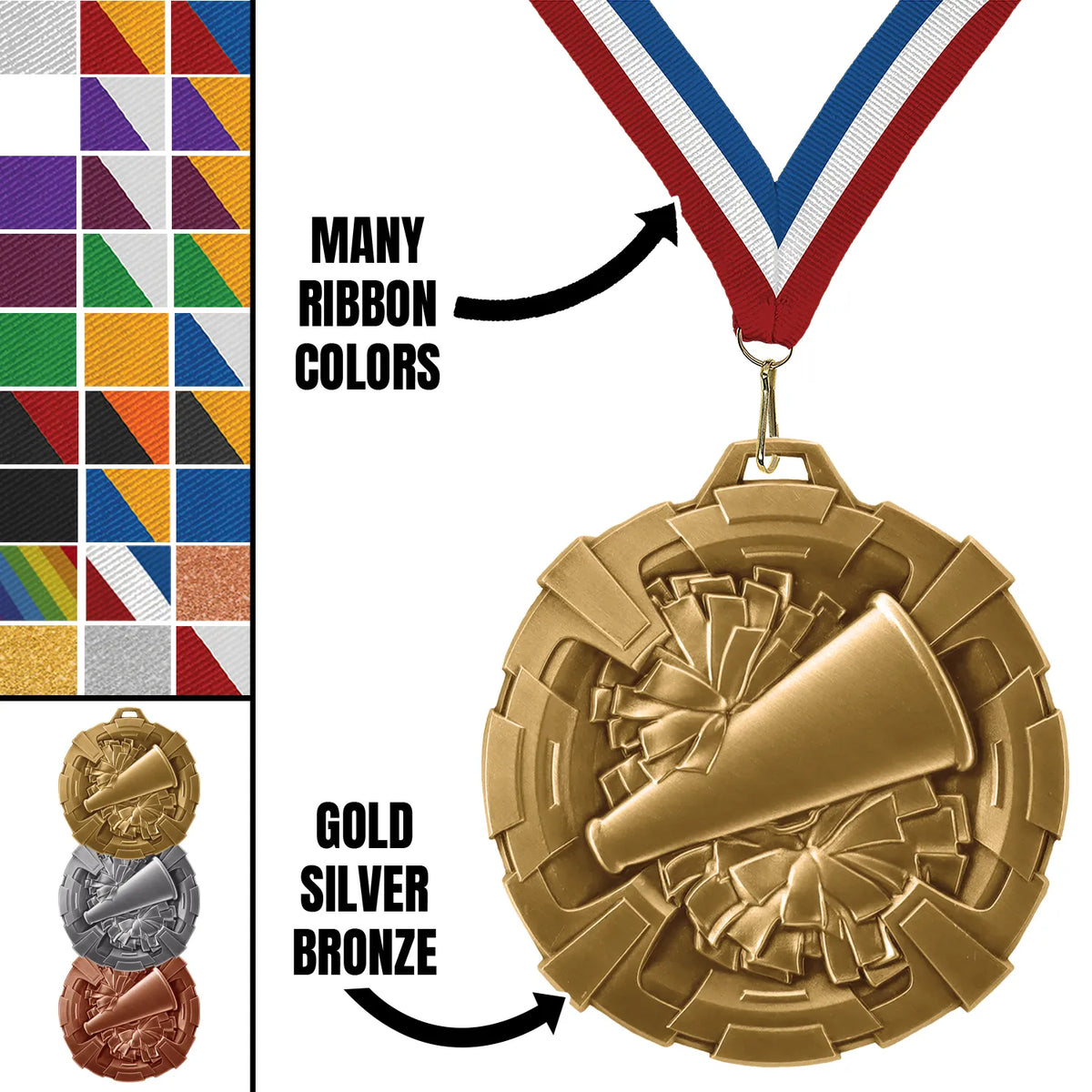 Cheer Medals - Squad & Competition Awards, 2 3/4" Carbonite Medal in Gold, Silver & Bronze