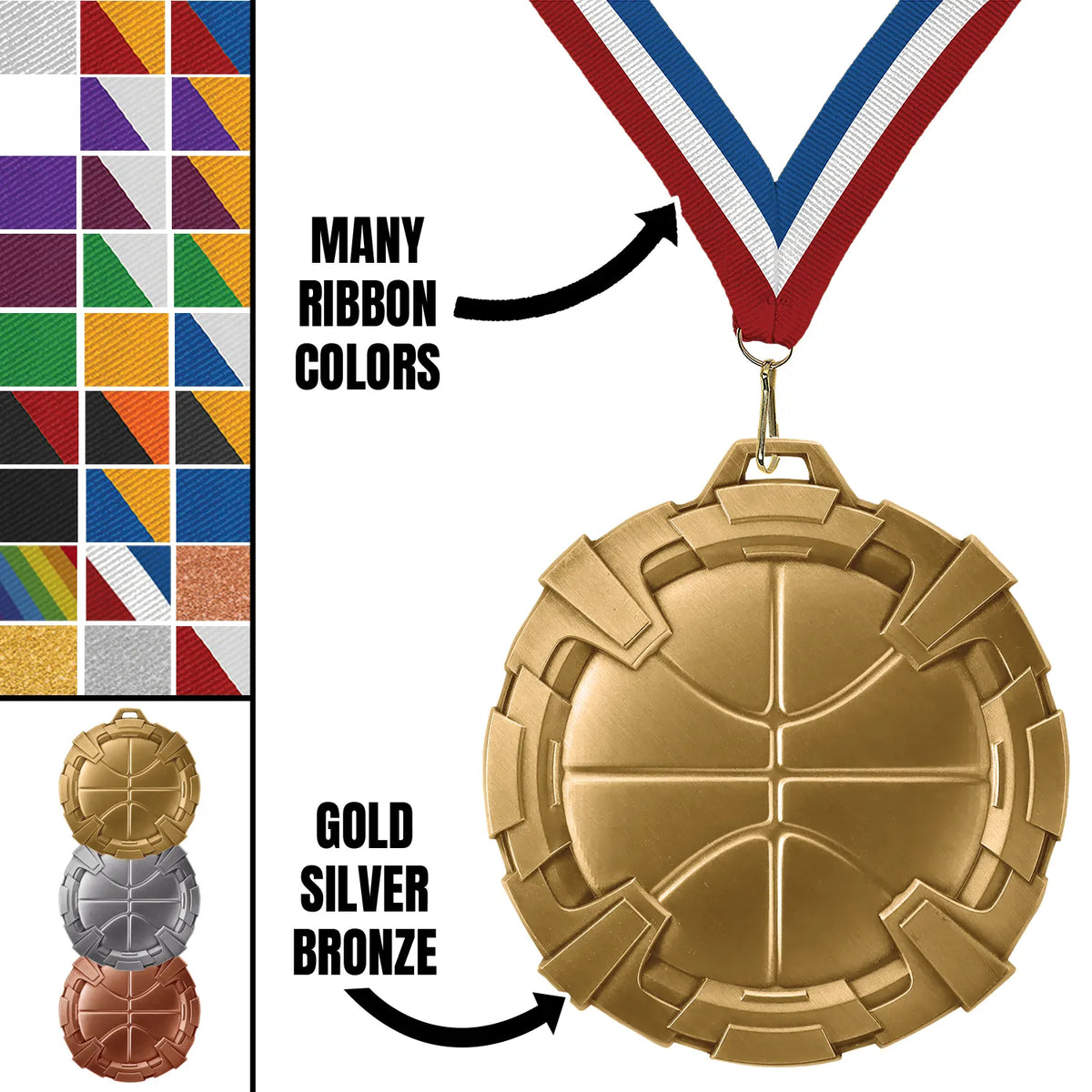 Basketball Medals - Youth Team Awards, 2 3/4" Carbonite Medal in Gold, Silver & Bronze