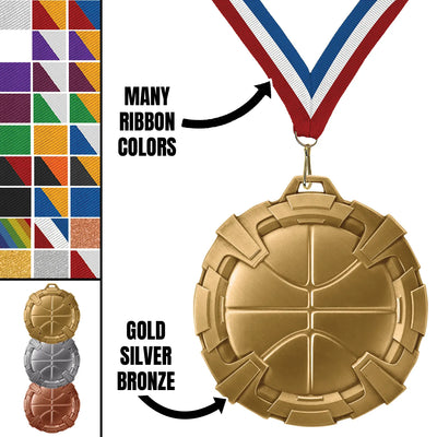 Basketball Medals - Youth Team Awards, 2 3/4" Carbonite Medal in Gold, Silver & Bronze
