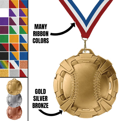 Baseball Medals - Youth & Travel Team Awards, 2 3/4" Carbonite Medal in Gold, Silver & Bronze