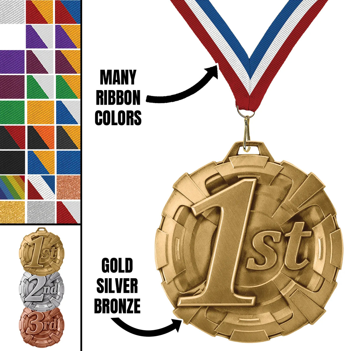 Place Medals - 1st, 2nd & 3rd Place, 2 3/4" Carbonite Medal in Gold, Silver & Bronze