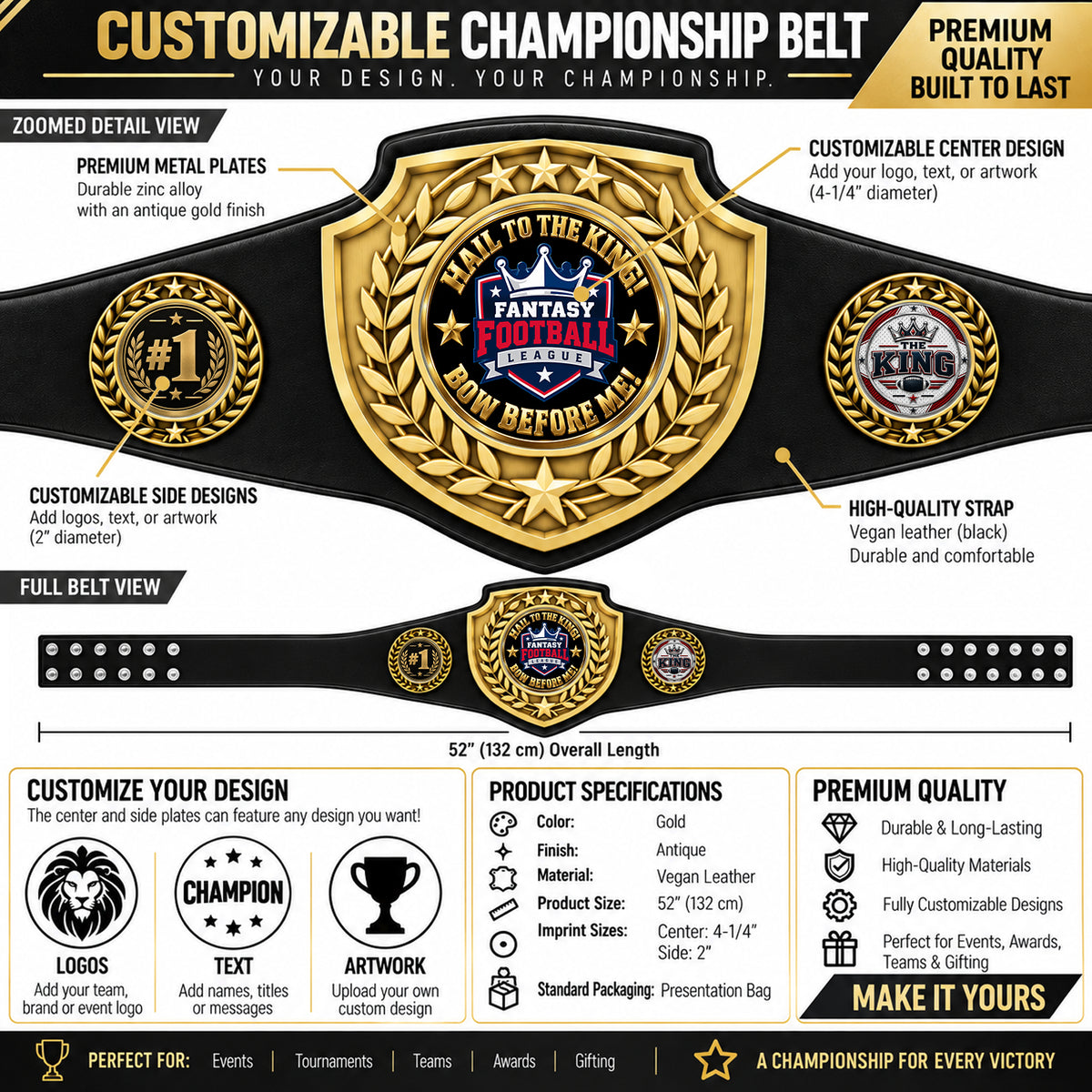 Fantasy Football League Championship Belt – Hail To The King – Bow Before Me
