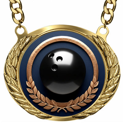 Bowling Medals - League & Tournament Awards, 4-5/8" x 3-7/8" Gold Effect Champion Medal with 32" Aluminum Chain