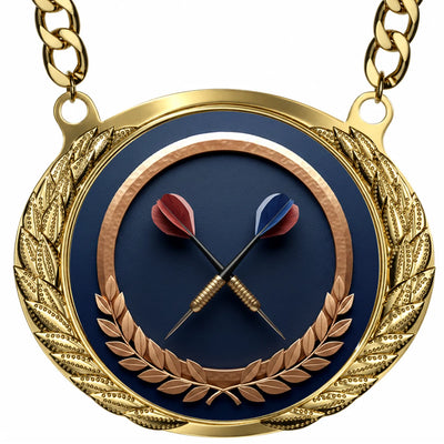 Darts Medals - Match & Tournament Awards, 4-5/8" x 3-7/8" Gold Effect Champion Medal with 32" Aluminum Chain