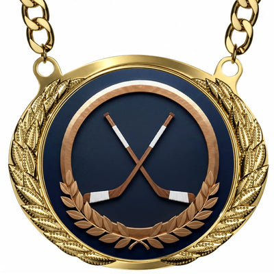 Ice Hockey Medals - Player & Championship Awards, 4-5/8" x 3-7/8" Gold Effect Champion Medal with 32" Aluminum Chain