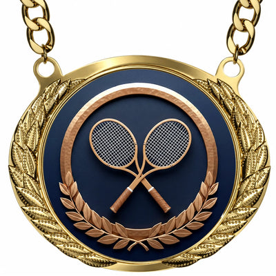 Tennis Medals - Match & Tournament Awards, 4-5/8" x 3-7/8" Gold Effect Champion Medal with 32" Aluminum Chain
