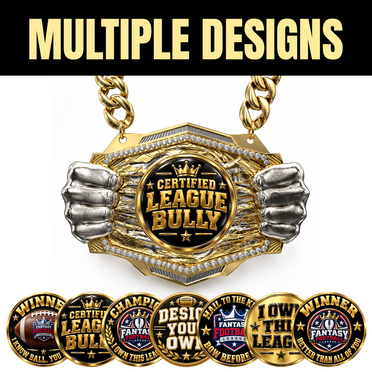 Fantasy Football Champion Medal - Certified League Bully, Knock Out Champ Chain with Premium Chain