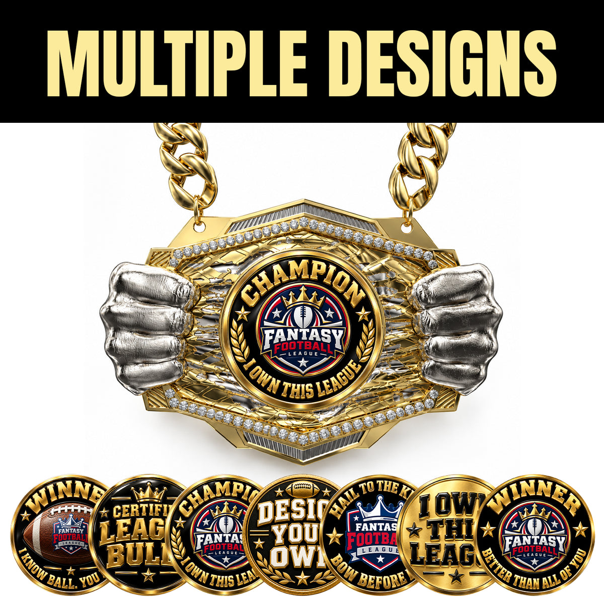 Fantasy Football Champion Medal - Champion – I Own This League, Knock Out Champ Chain with Premium Chain