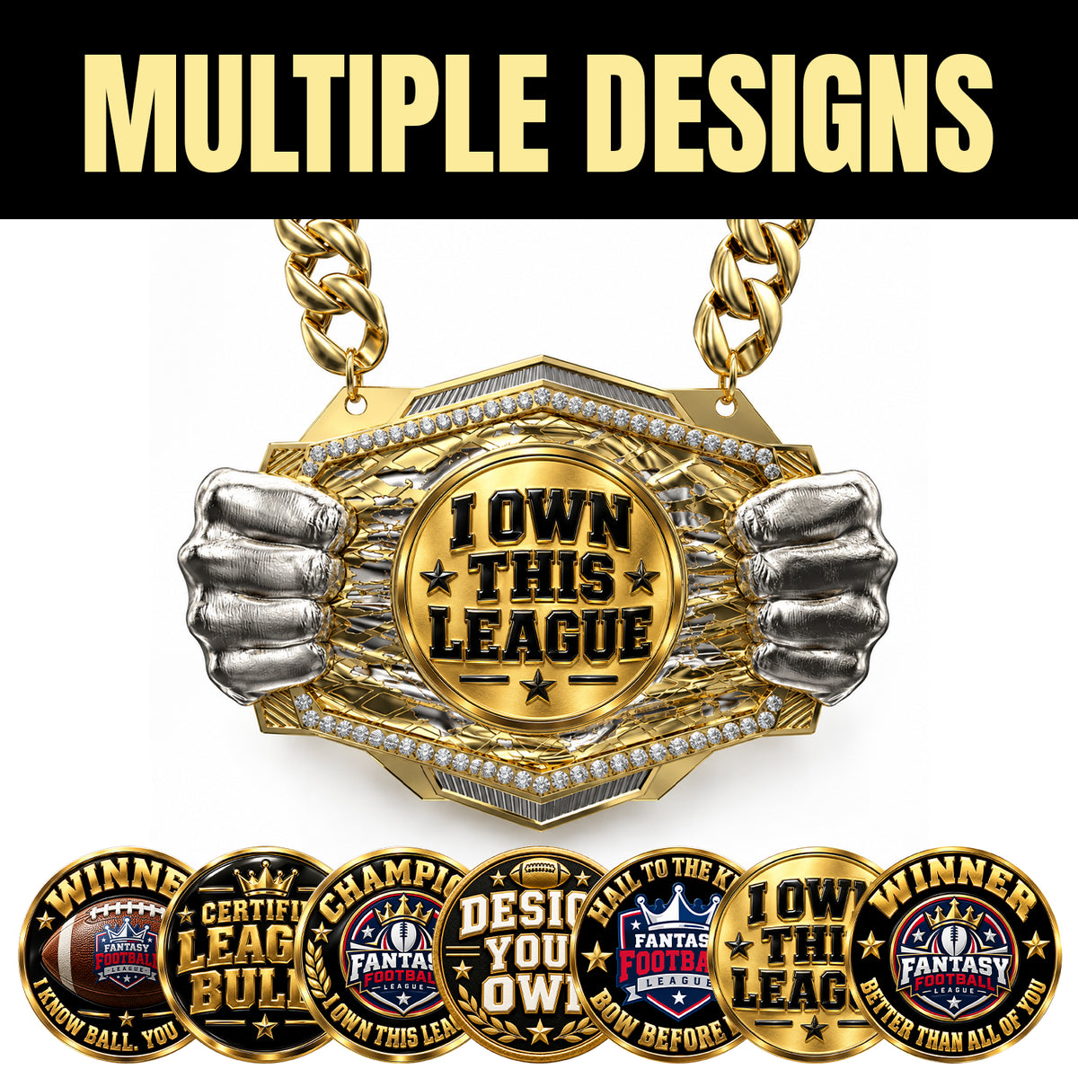 Fantasy Football Champion Medal - I Own This League, Knock Out Champ Chain with Premium Chain
