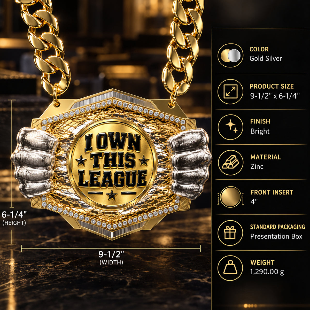 Fantasy Football Champion Medal - I Own This League, Knock Out Champ Chain with Premium Chain