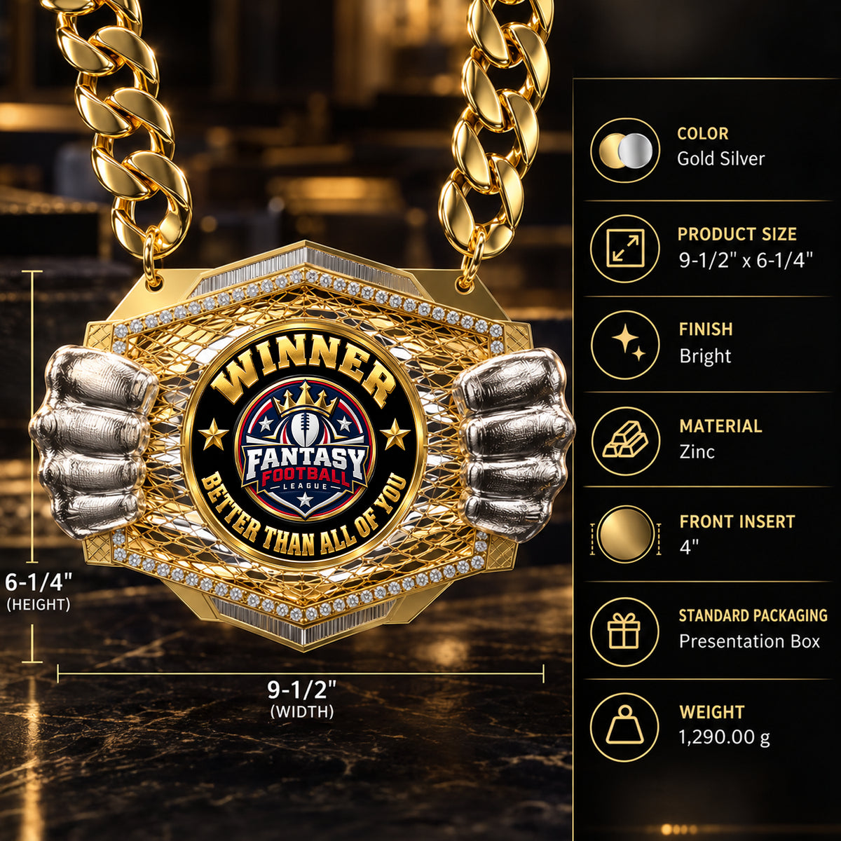 Fantasy Football Champion Medal - Winner – Better Than All Of You, Knock Out Champ Chain with Premium Chain