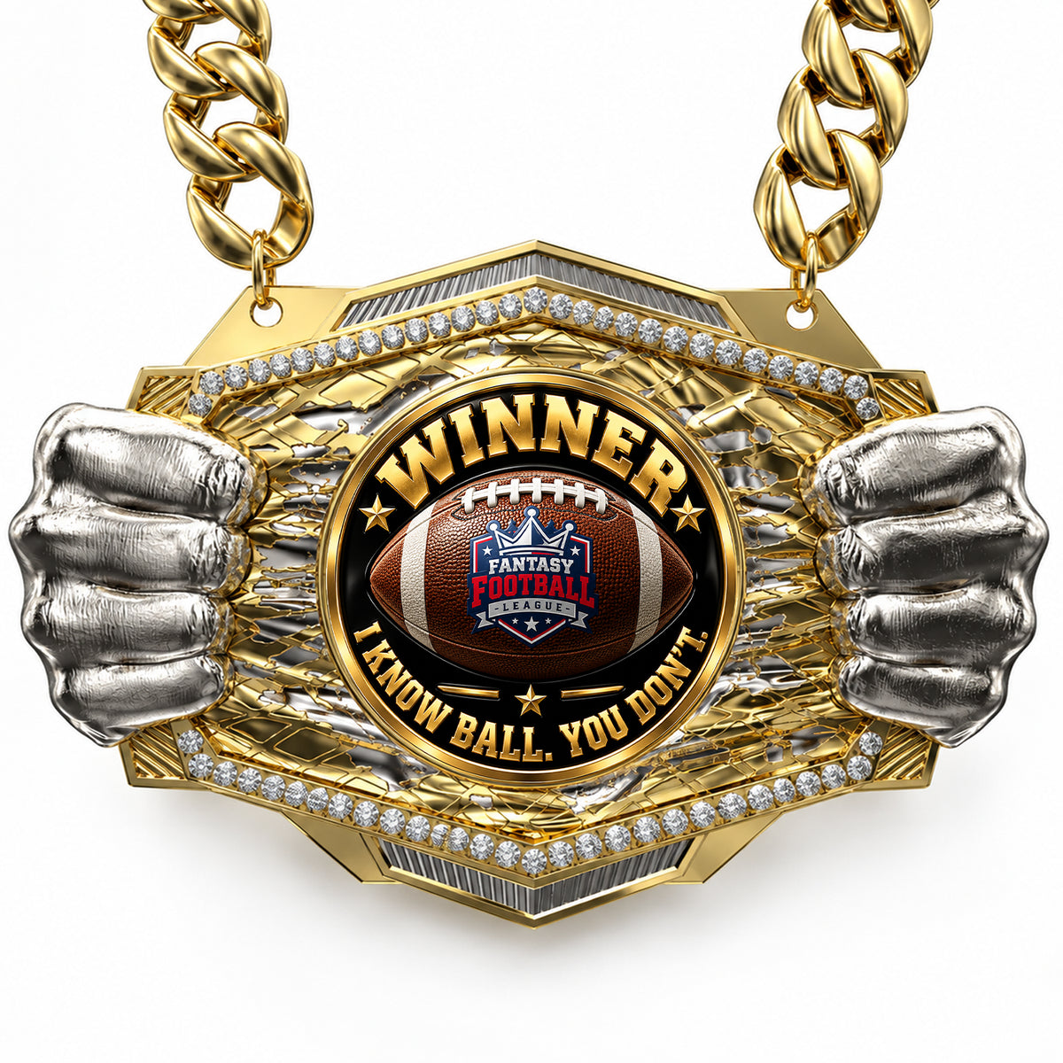 Fantasy Football Champion Medal - Winner – I Know Ball. You Don't, Knock Out Champ Chain with Premium Chain